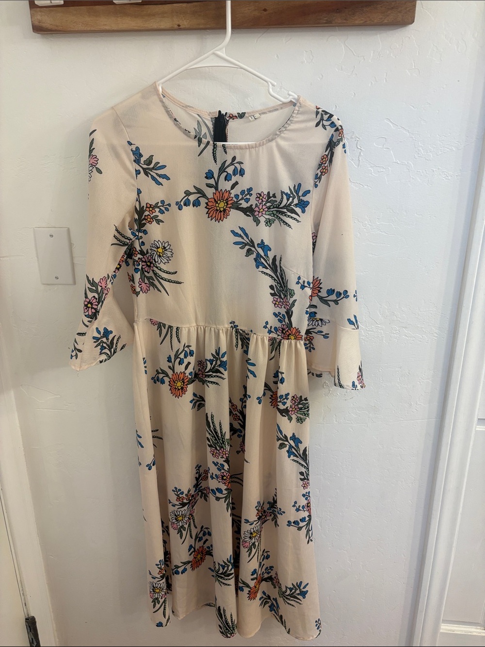 Floral Cream Midi Dress with Blue & Pink Accents
